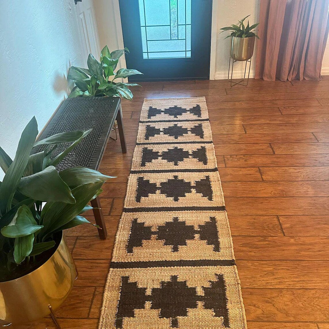 Natural & Black Handwoven Hemp Jute Runner | Eco-Friendly Stair & Hallway Rug