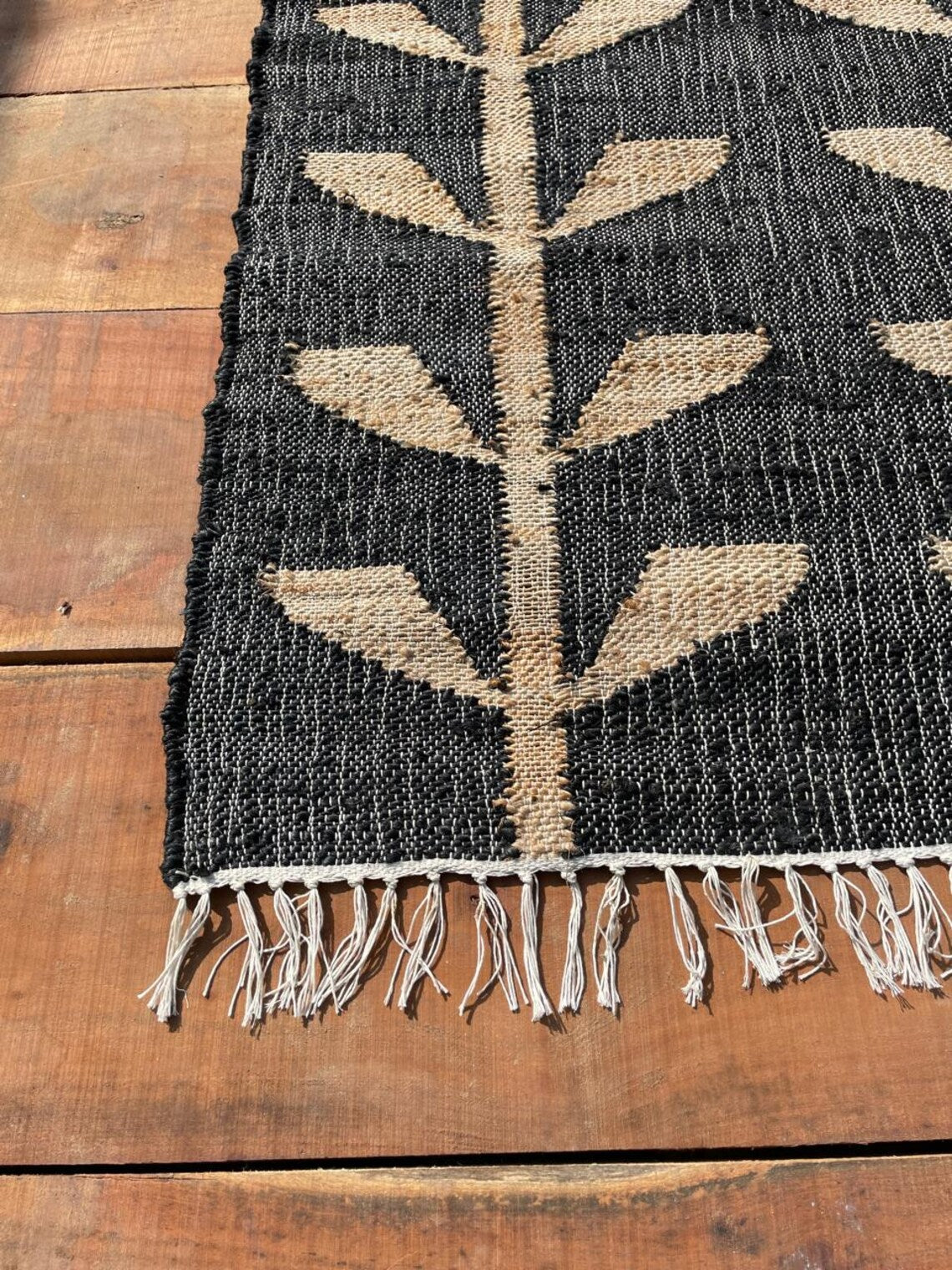Handwoven Jute Cotton Rug | Bohemian Floral Runner | Eco-Friendly Natural Area Rug for Living Room & Bedroom | Sanwariya Rugs