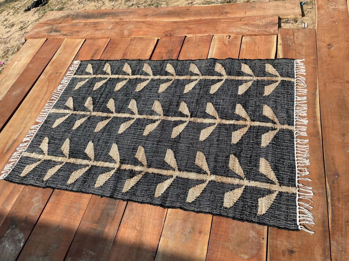 Handwoven Jute Cotton Rug | Bohemian Floral Runner | Eco-Friendly Natural Area Rug for Living Room & Bedroom | Sanwariya Rugs