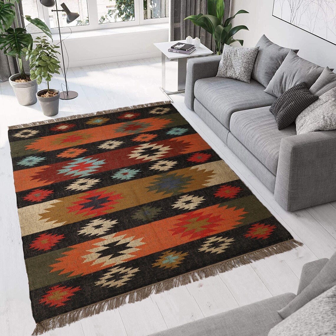 Handmade Wool Jute Kilim Rug Oriental, Traditional Indian, Geometric, Turkish