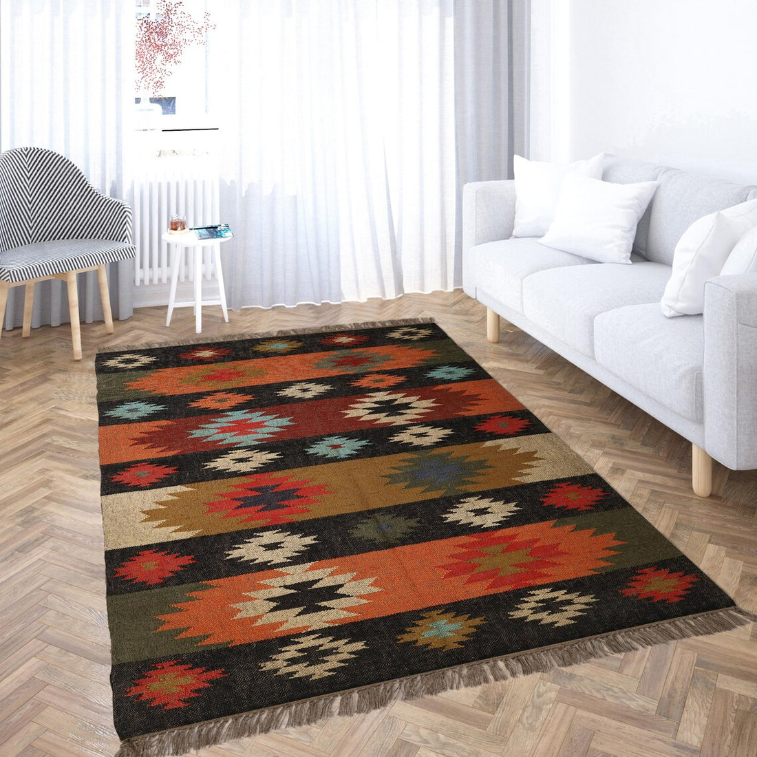 Handmade Wool Jute Kilim Rug Oriental, Traditional Indian, Geometric, Turkish