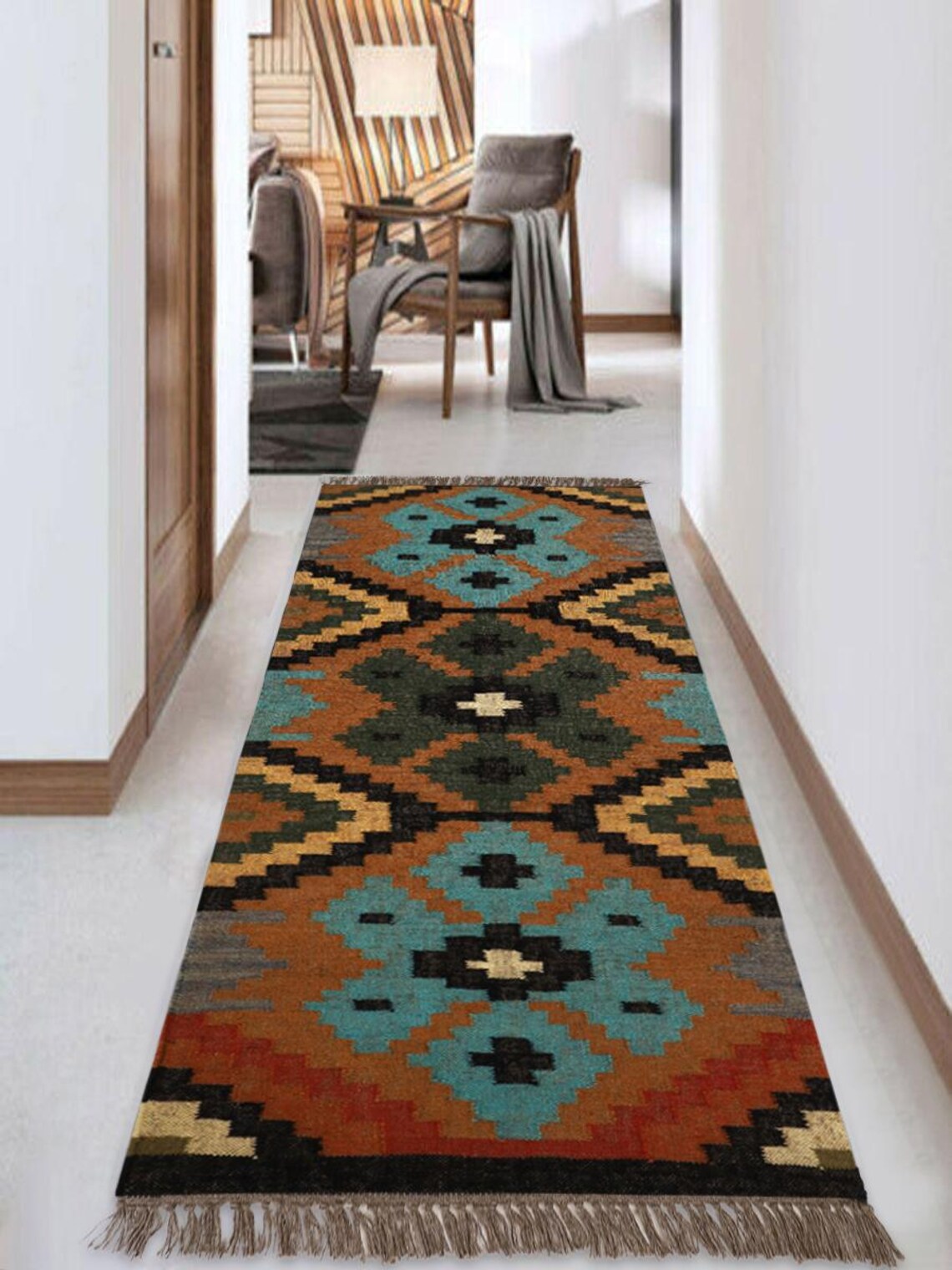 Handwoven Wool Jute Kilim Runner Oriental Geometric Rug