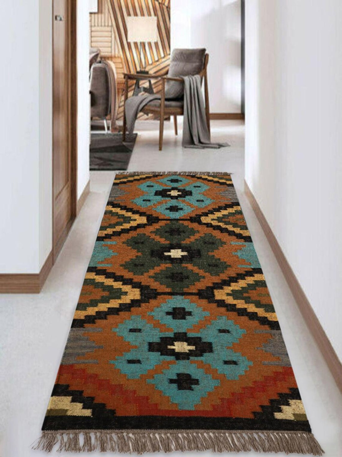 Handwoven Wool Jute Kilim Runner Oriental Geometric Rug