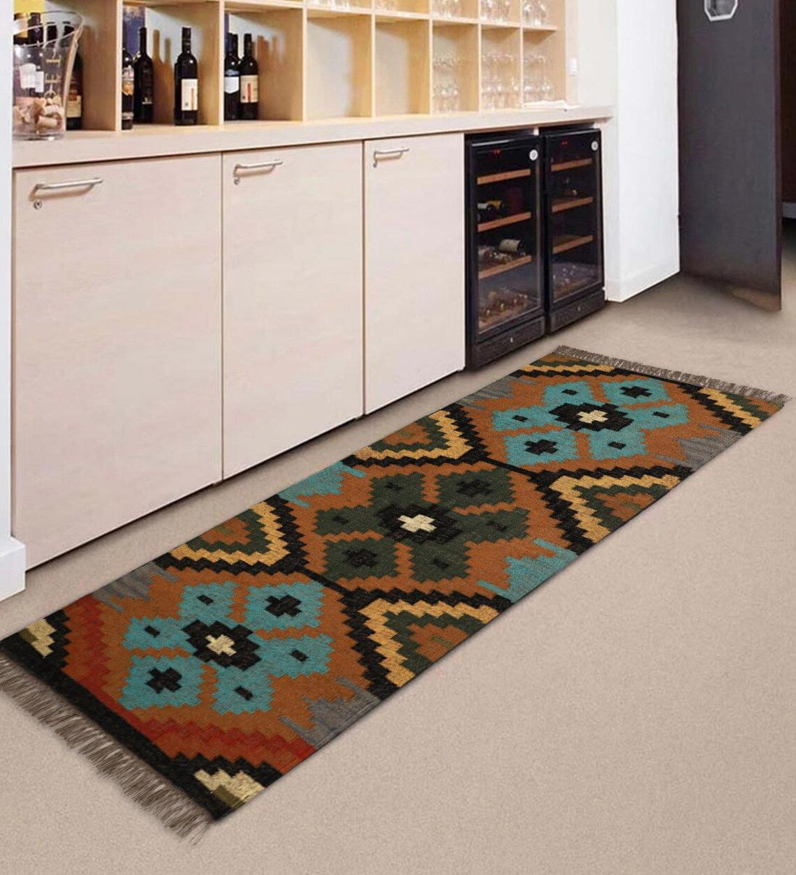 Handwoven Wool Jute Kilim Runner Oriental Geometric Rug