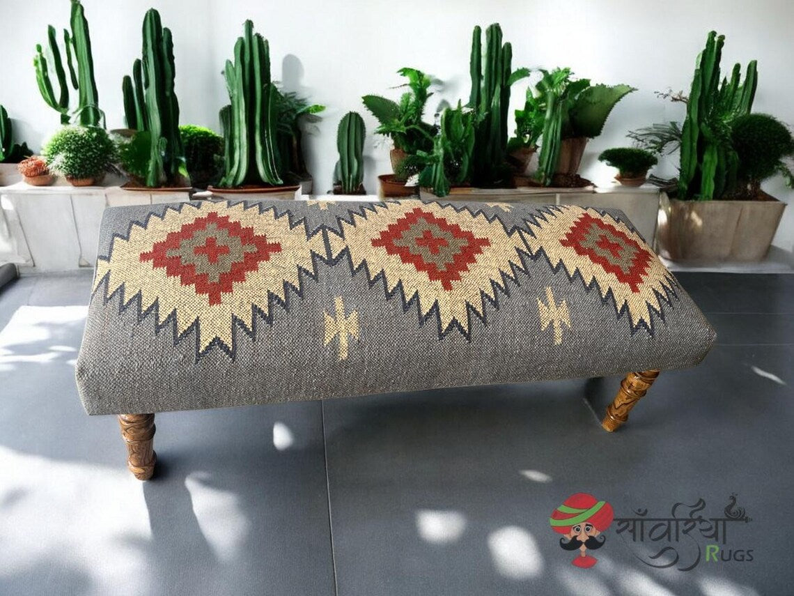 Handmade Indian Kilim Rug Piano Bench – Upholstered Ottoman Seat