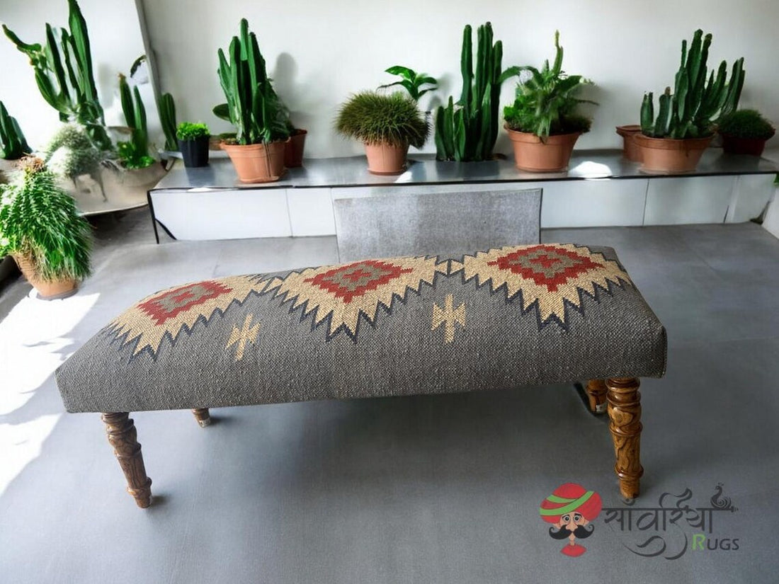 Handmade Indian Kilim Rug Piano Bench – Upholstered Ottoman Seat