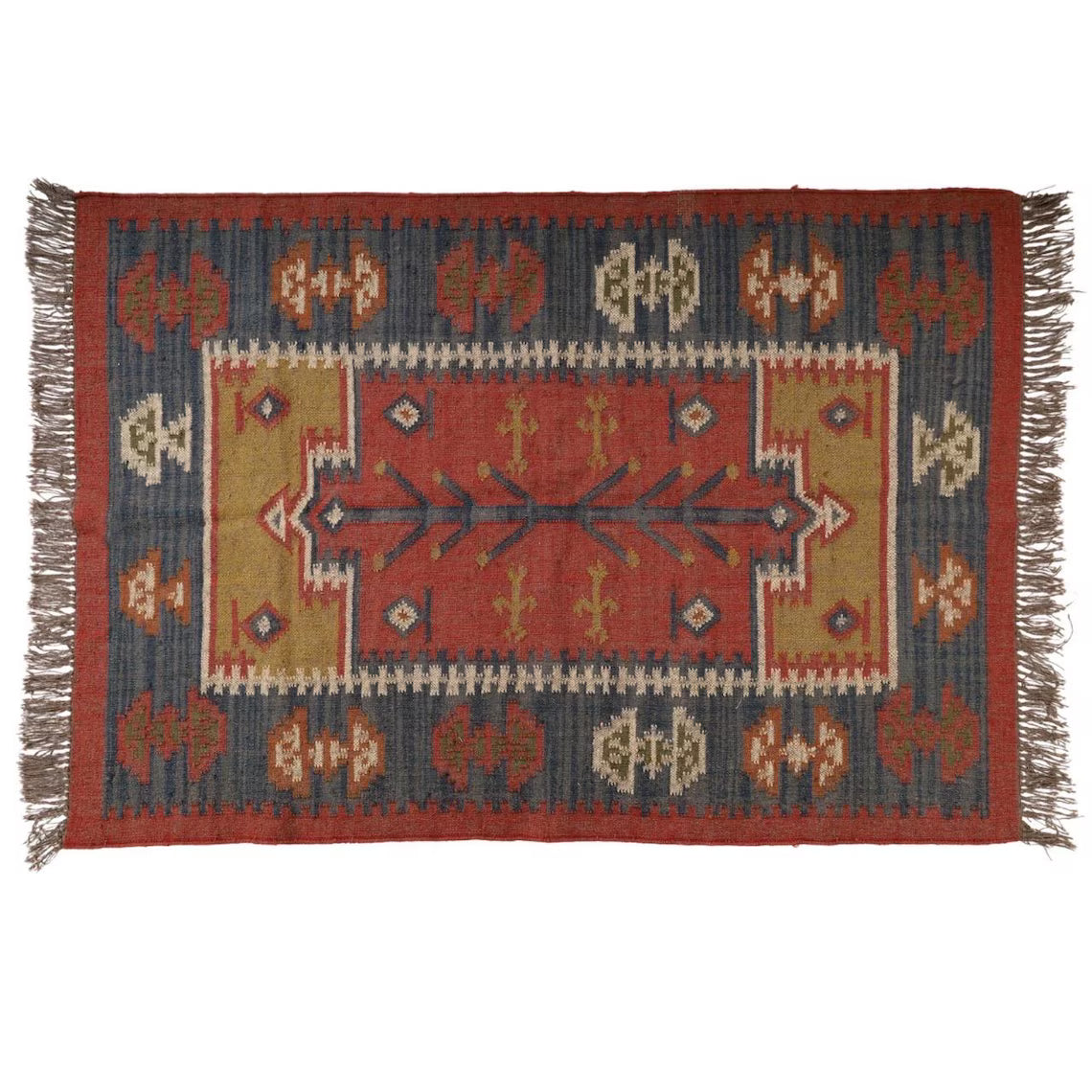 Handmade Large Kilim Rug | Handwoven Wool and Jute Traditional Indian Dhurrie