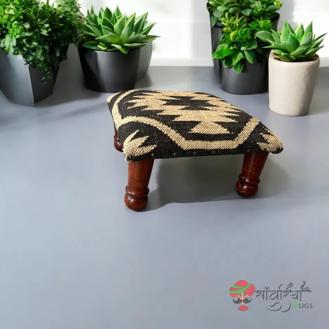 Handwoven Kilim Wooden Pouf, Durable Tribal Footstool, Bohemian Accent Bench