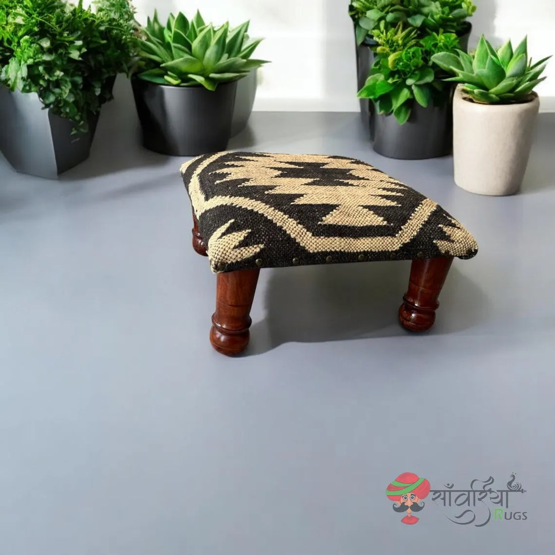 Handwoven Kilim Wooden Pouf, Durable Tribal Footstool, Bohemian Accent Bench