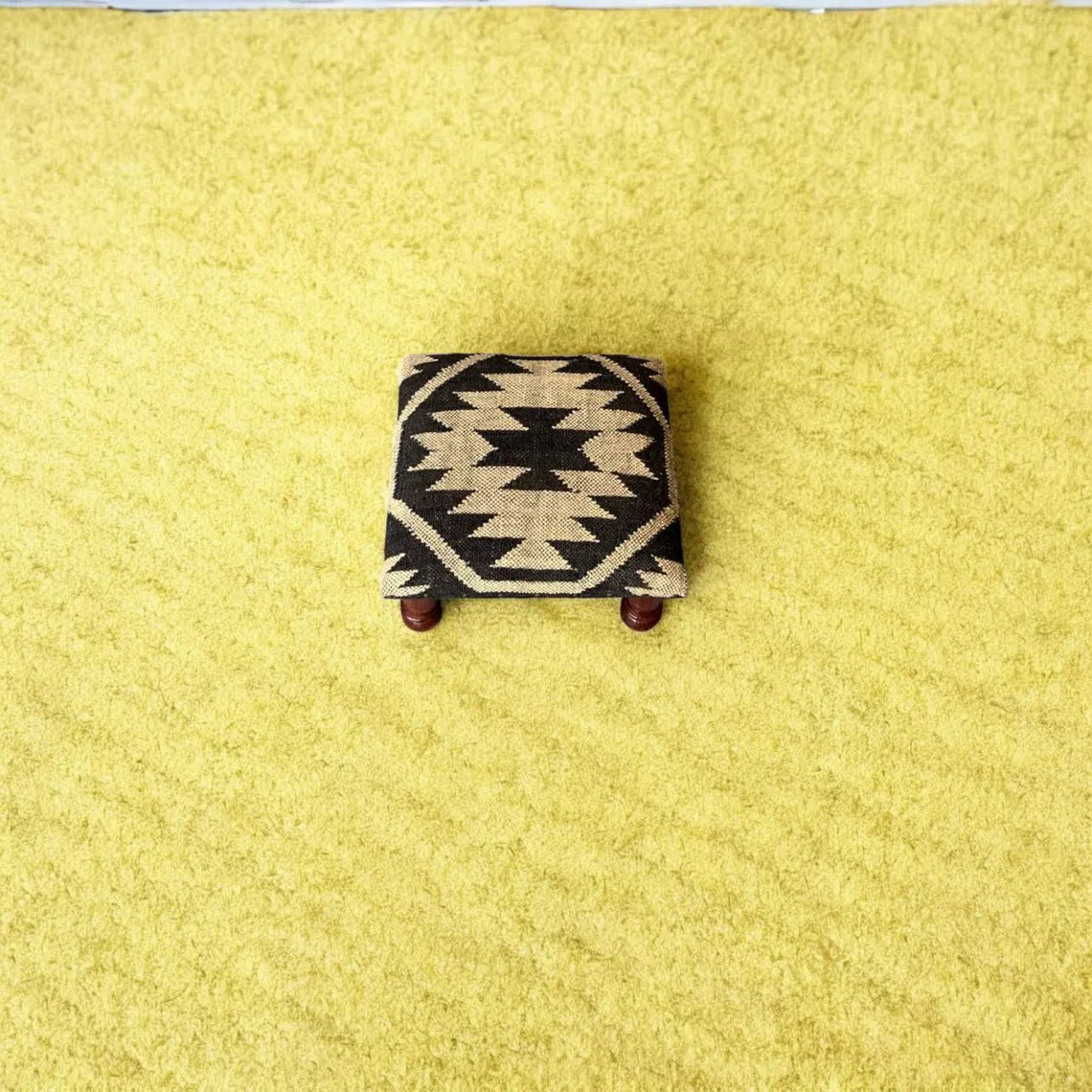 Handwoven Kilim Wooden Pouf, Durable Tribal Footstool, Bohemian Accent Bench