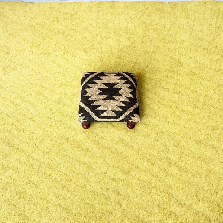 Handwoven Kilim Wooden Pouf, Durable Tribal Footstool, Bohemian Accent Bench