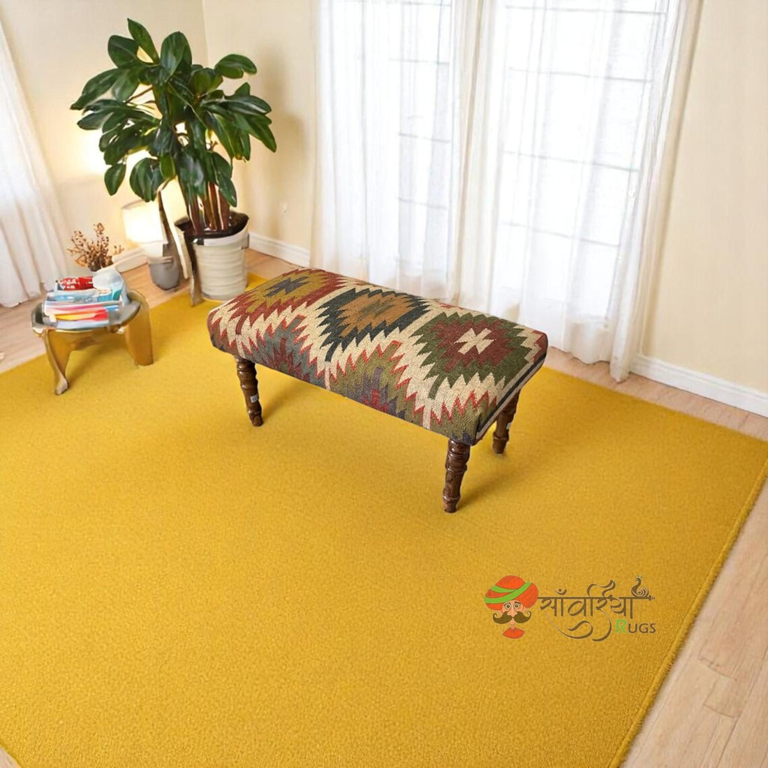 Handmade Kilim Ottoman Bench – Turkish Wood Accent Seat