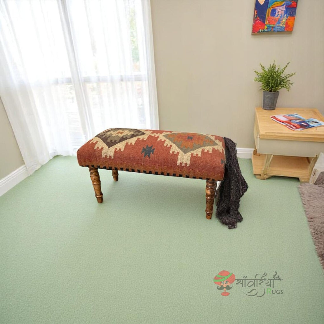 Handmade Kilim Ottoman Bench – Turkish Wood Accent Seat