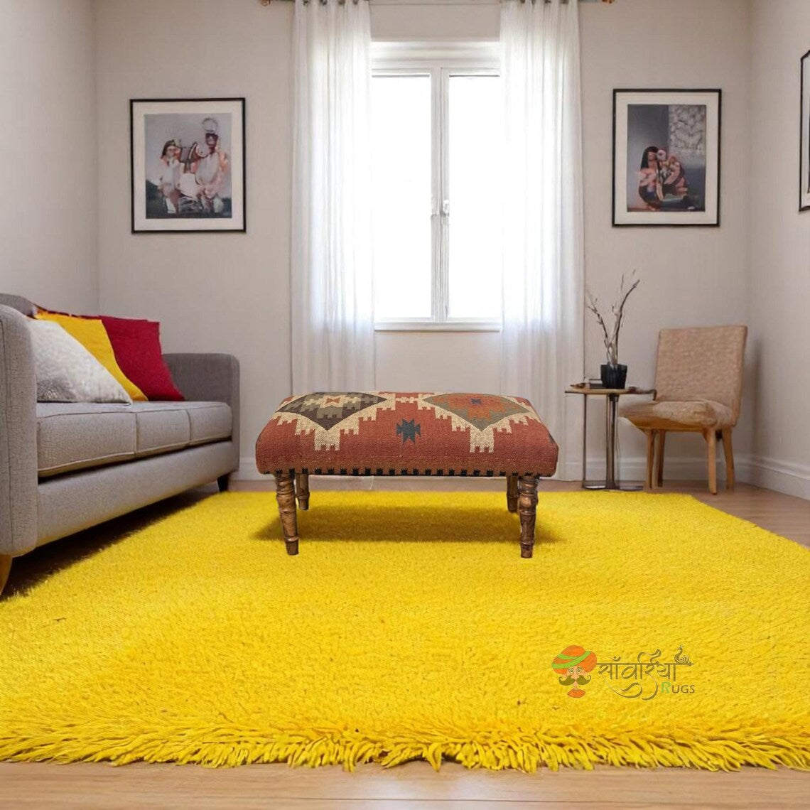 Handmade Kilim Ottoman Bench – Turkish Wood Accent Seat