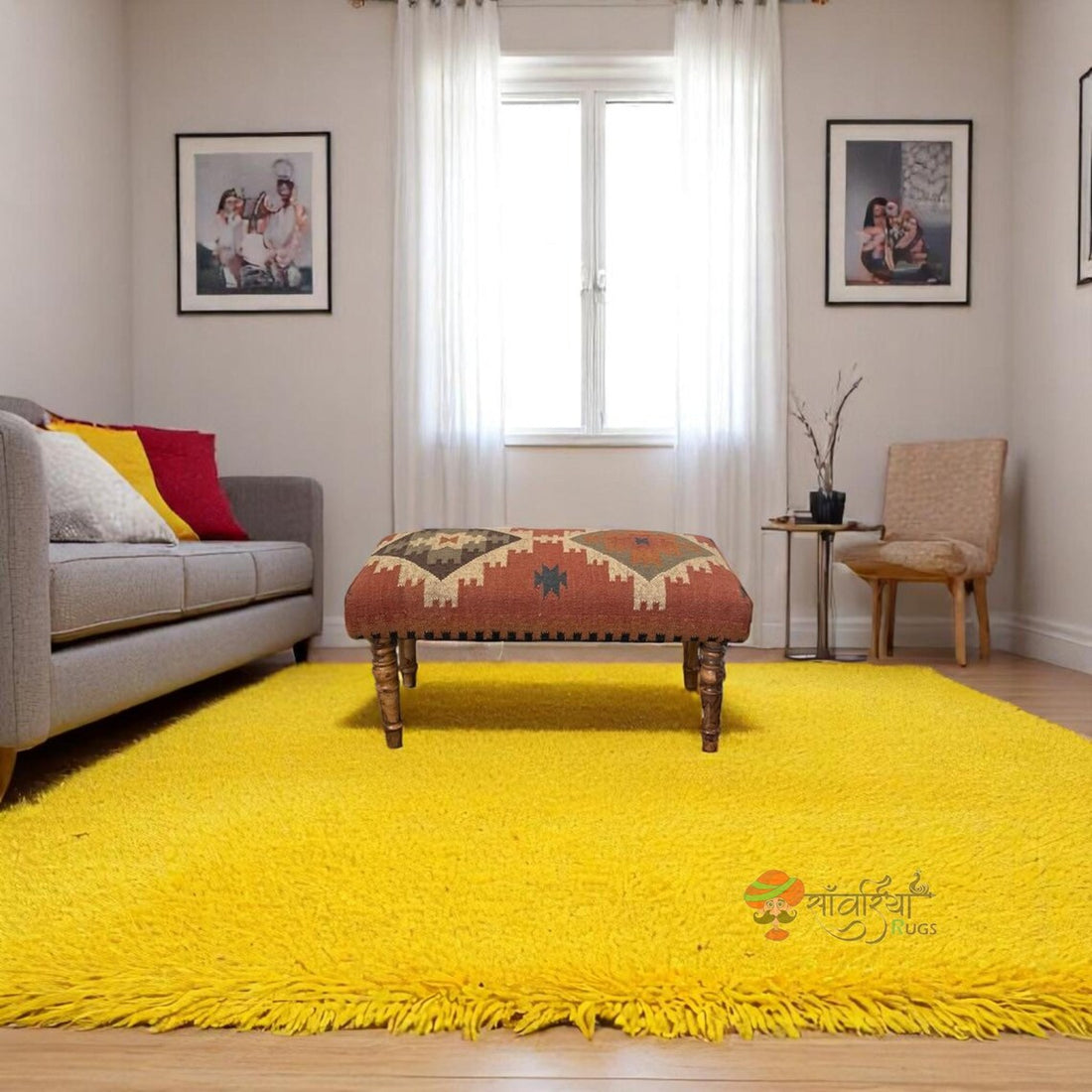 Handmade Kilim Ottoman Bench – Turkish Wood Accent Seat