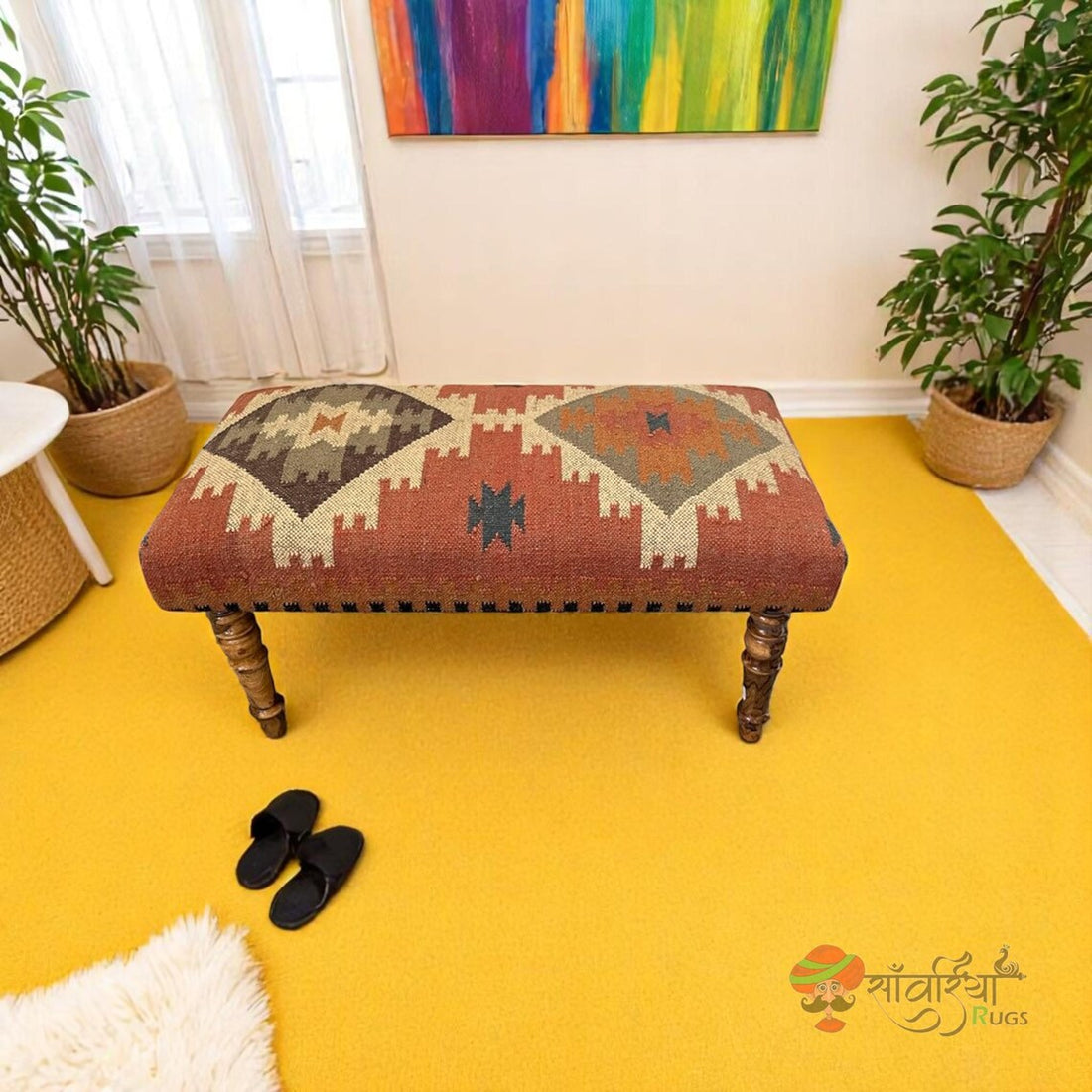 Handmade Kilim Ottoman Bench – Turkish Wood Accent Seat