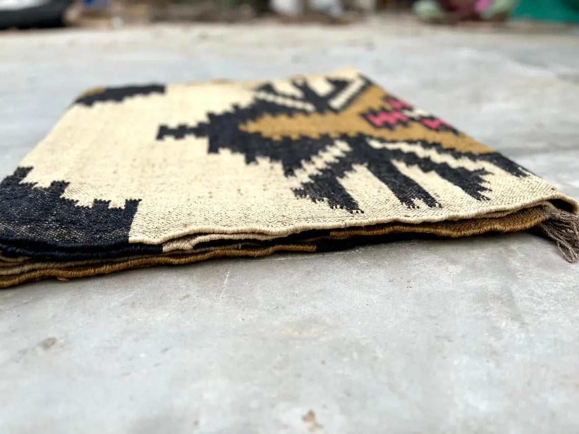 Handwoven Wool Jute Kilim Runner Rug with Traditional Geometric Motifs