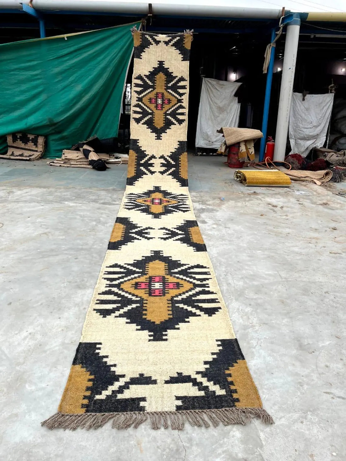 Handwoven Wool Jute Kilim Runner Rug with Traditional Geometric Motifs