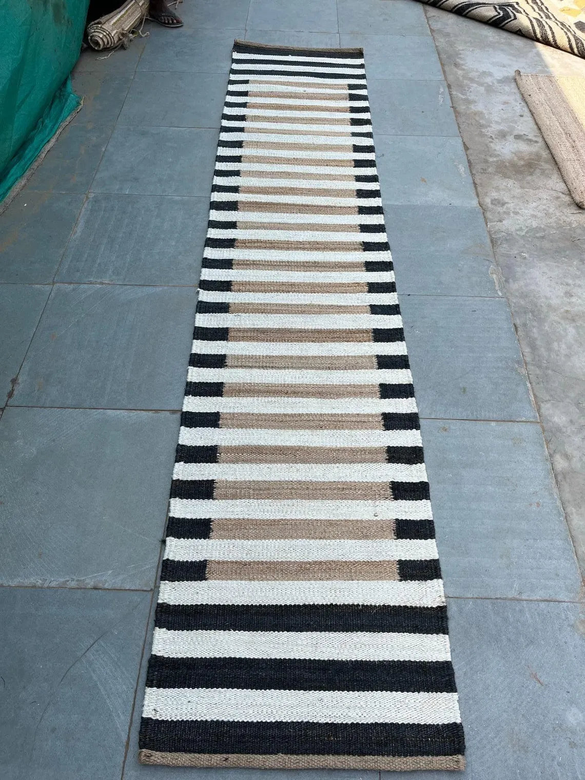 White & Black Border Hemp Jute Runner Rug