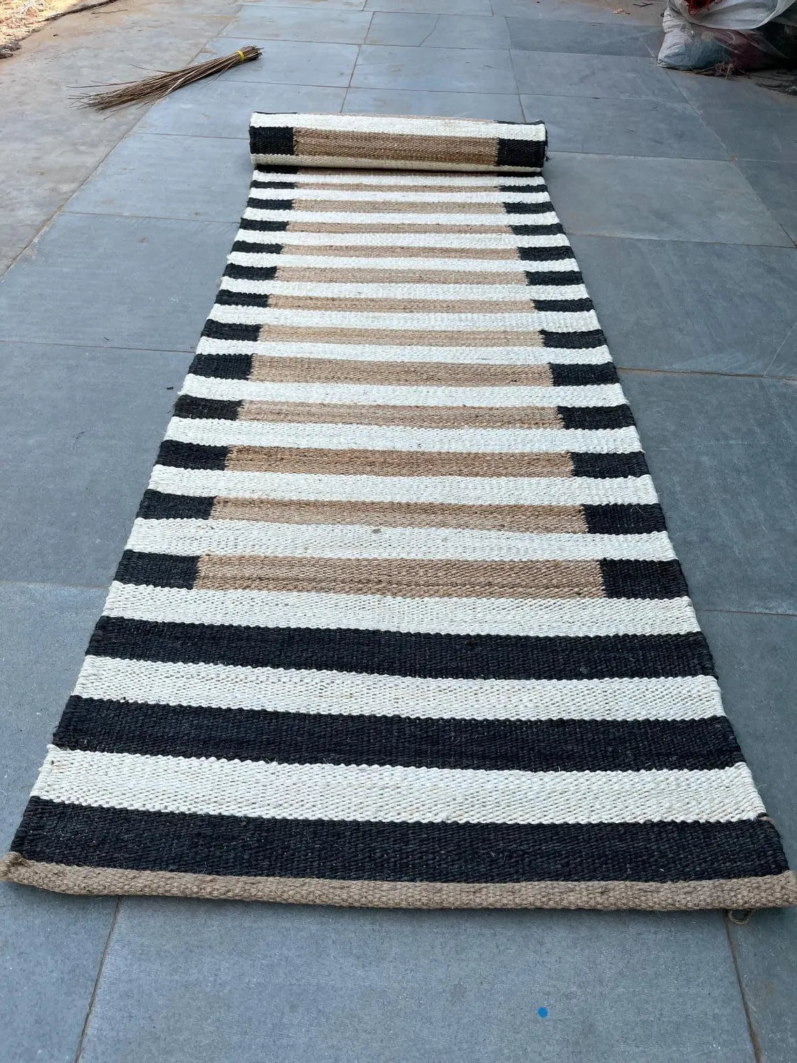 White & Black Border Hemp Jute Runner Rug