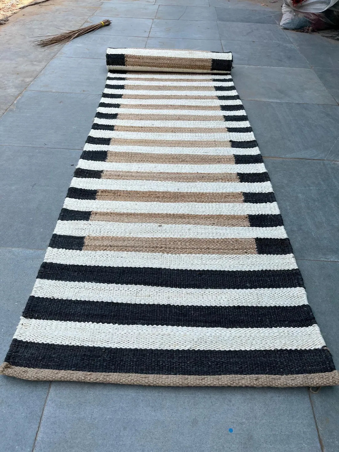 White & Black Border Hemp Jute Runner Rug