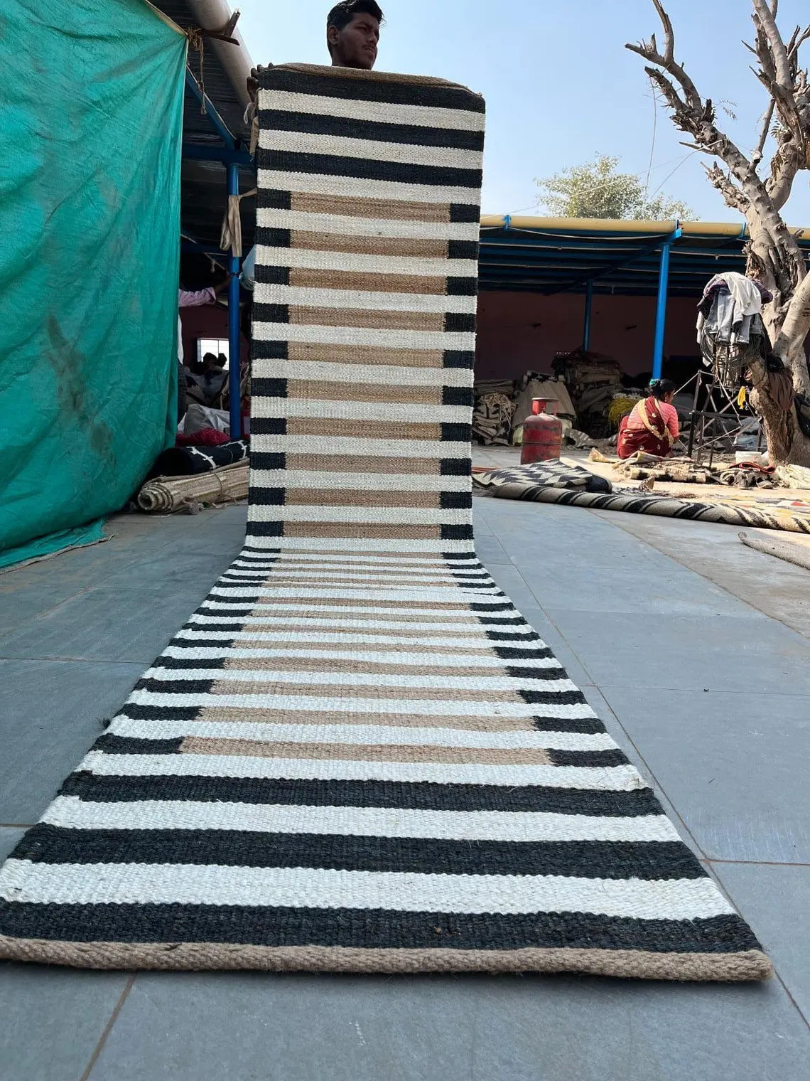 White & Black Border Hemp Jute Runner Rug