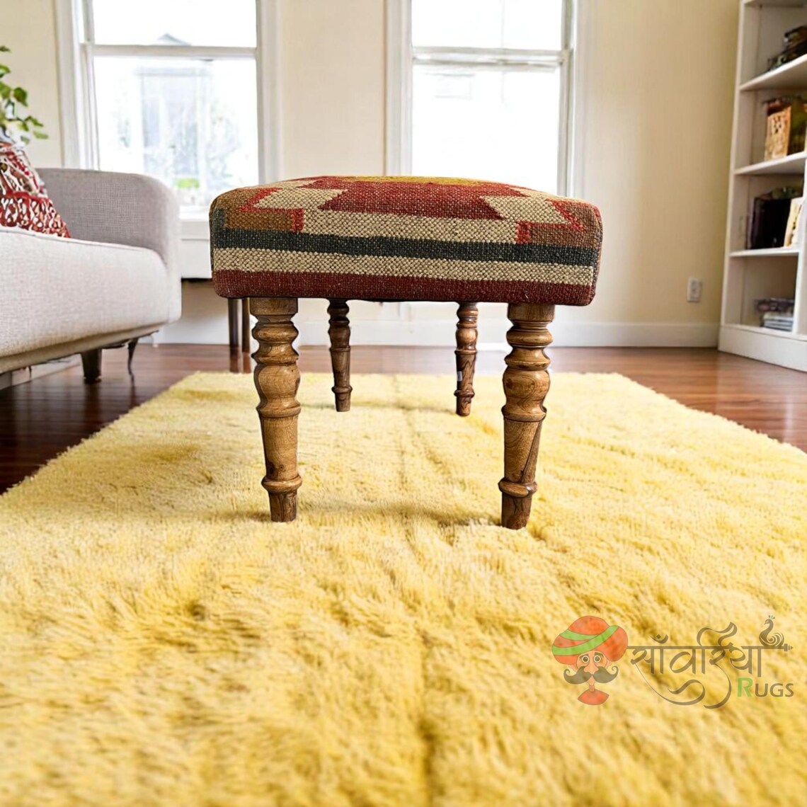 Handmade Kilim Ottoman Bench – Turkish Wood Accent Seat