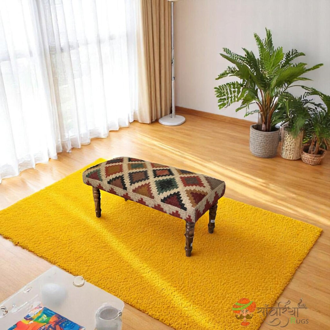 Handmade Kilim Ottoman Bench – Turkish Wood Accent Seat