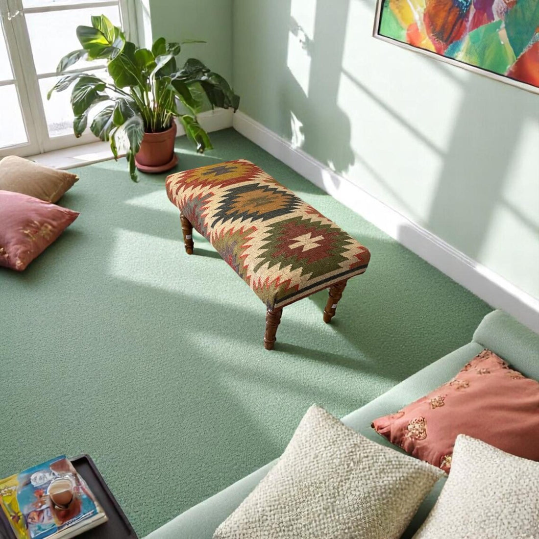 Handmade Kilim Ottoman Bench – Turkish Wood Accent Seat