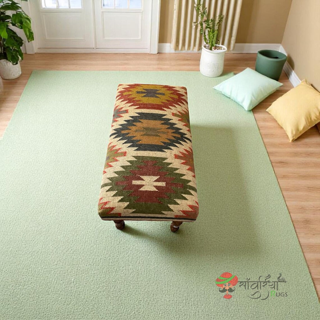 Handmade Kilim Ottoman Bench – Turkish Wood Accent Seat