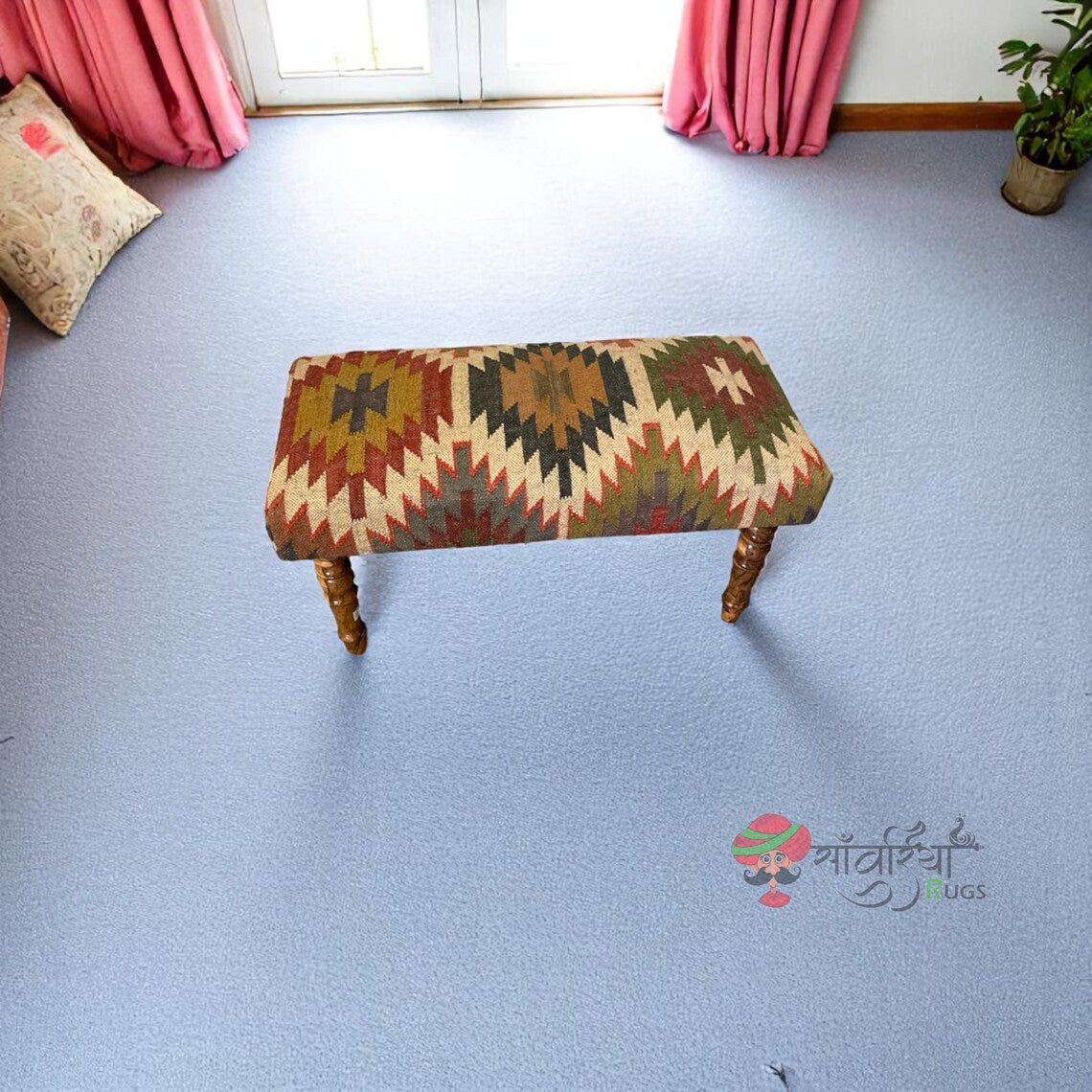Handmade Kilim Ottoman Bench – Turkish Wood Accent Seat