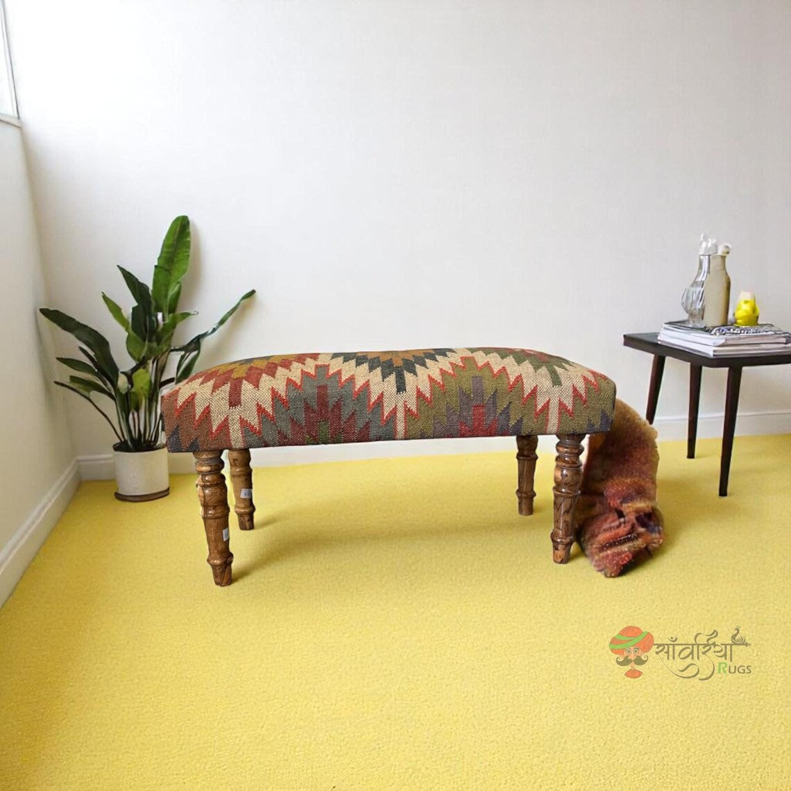 Handmade Kilim Ottoman Bench – Turkish Wood Accent Seat