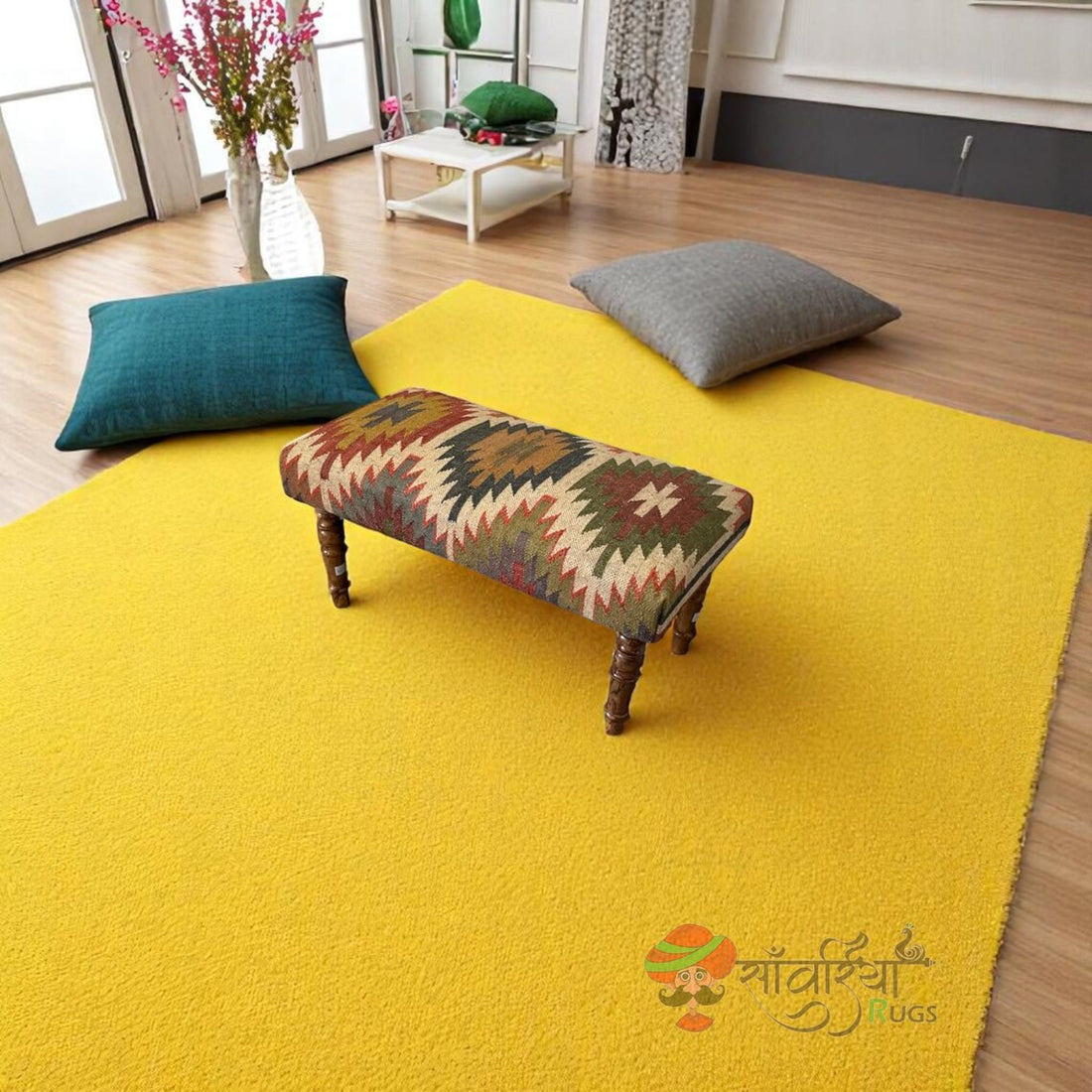 Handmade Kilim Ottoman Bench – Turkish Wood Accent Seat