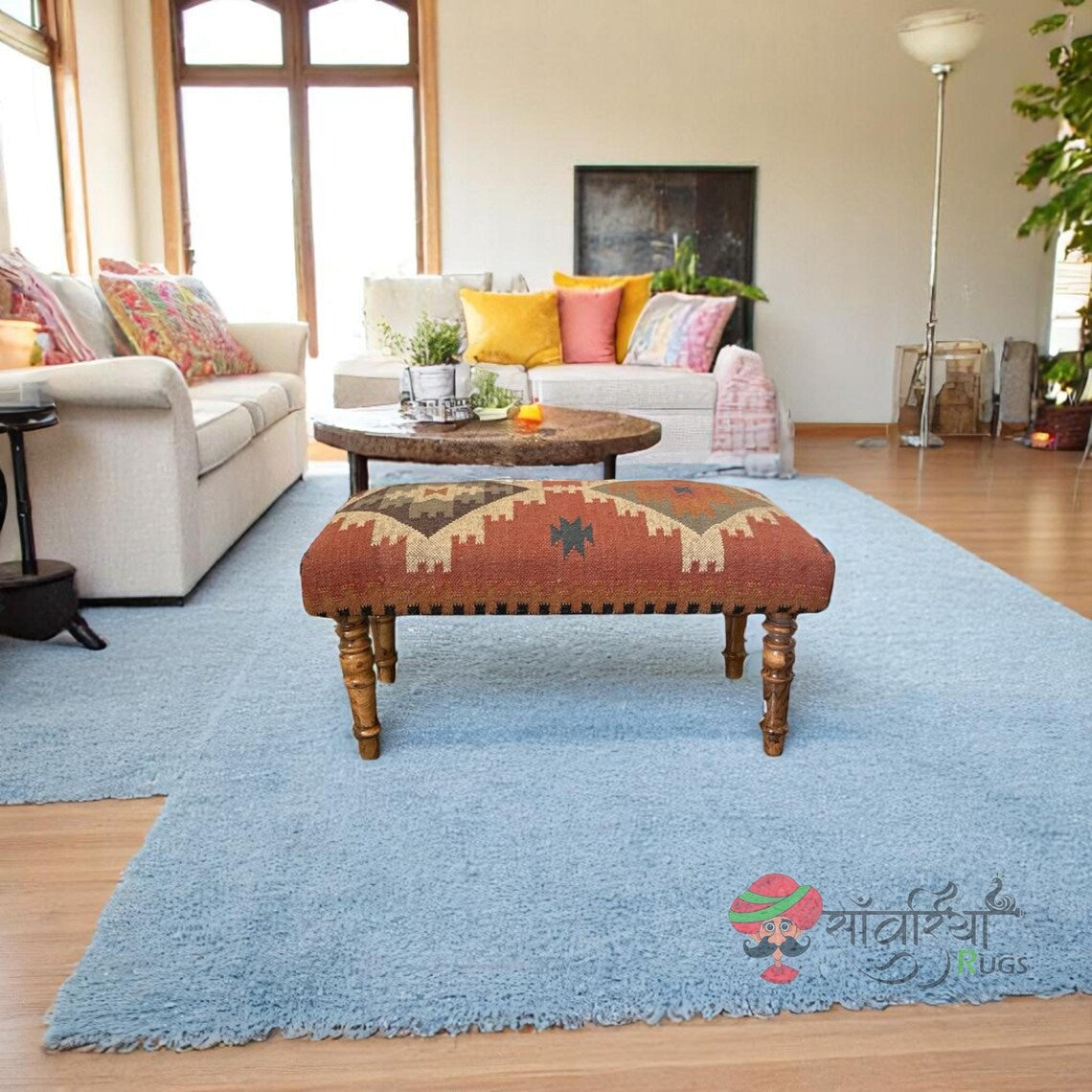 Handmade Kilim Ottoman Bench – Turkish Wood Accent Seat