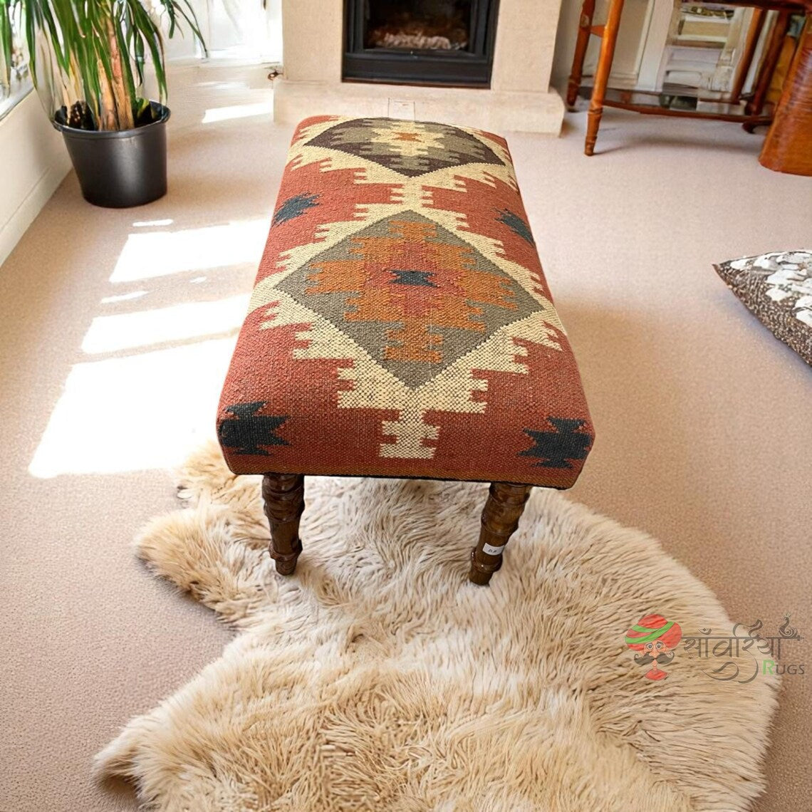 Handmade Kilim Ottoman Bench – Turkish Wood Accent Seat