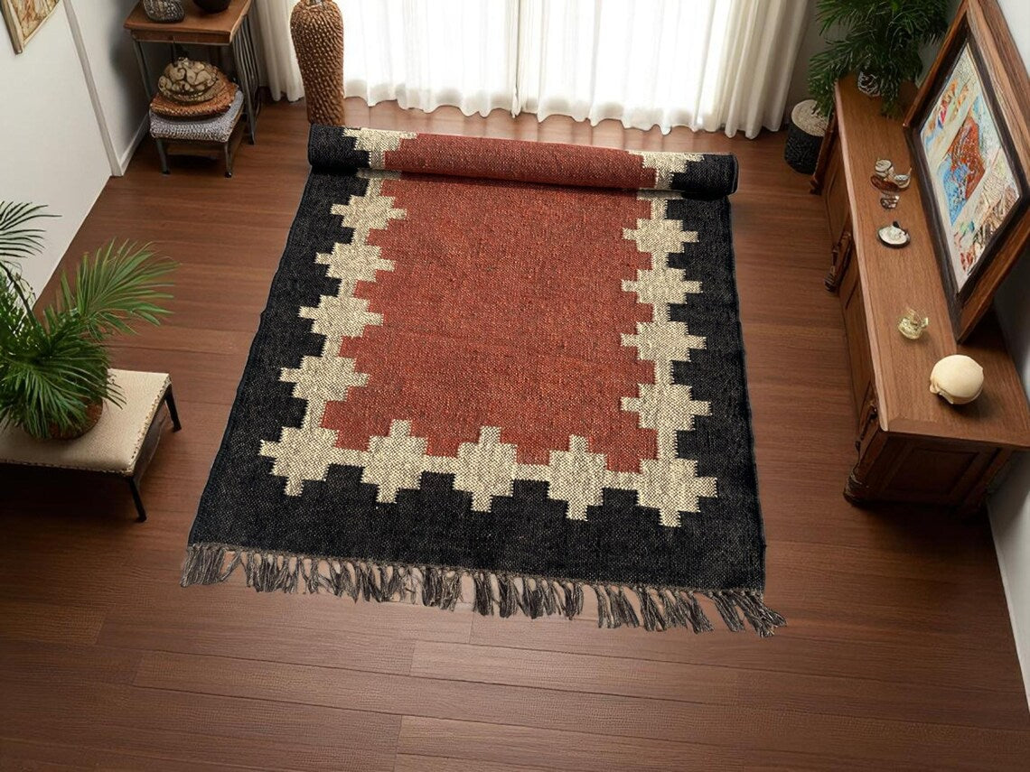 Handwoven Wool Jute Kilim Runner Traditional Geometric Dhurrie