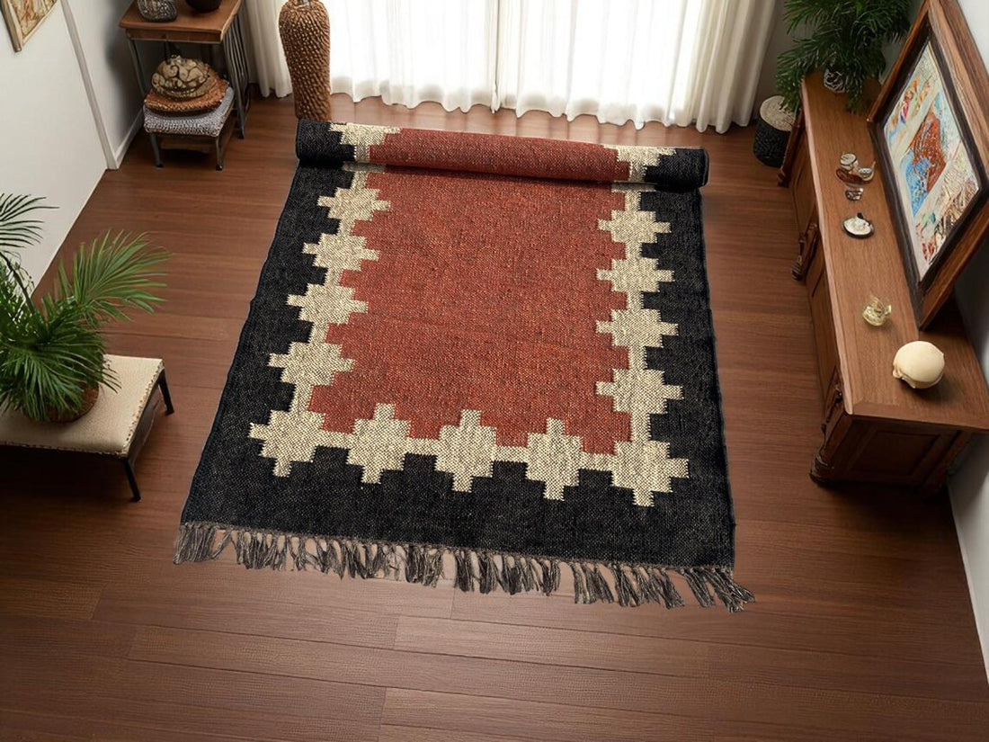 Handwoven Wool Jute Kilim Runner Traditional Geometric Dhurrie