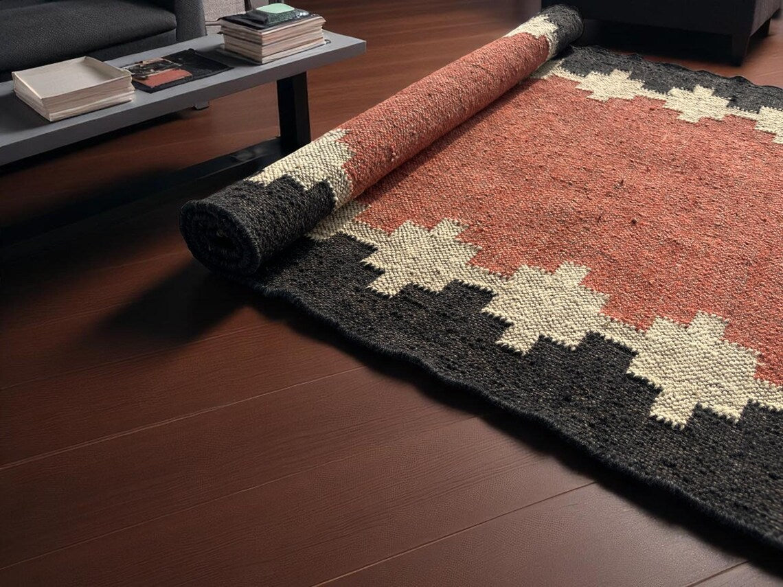 Handwoven Wool Jute Kilim Runner Traditional Geometric Dhurrie