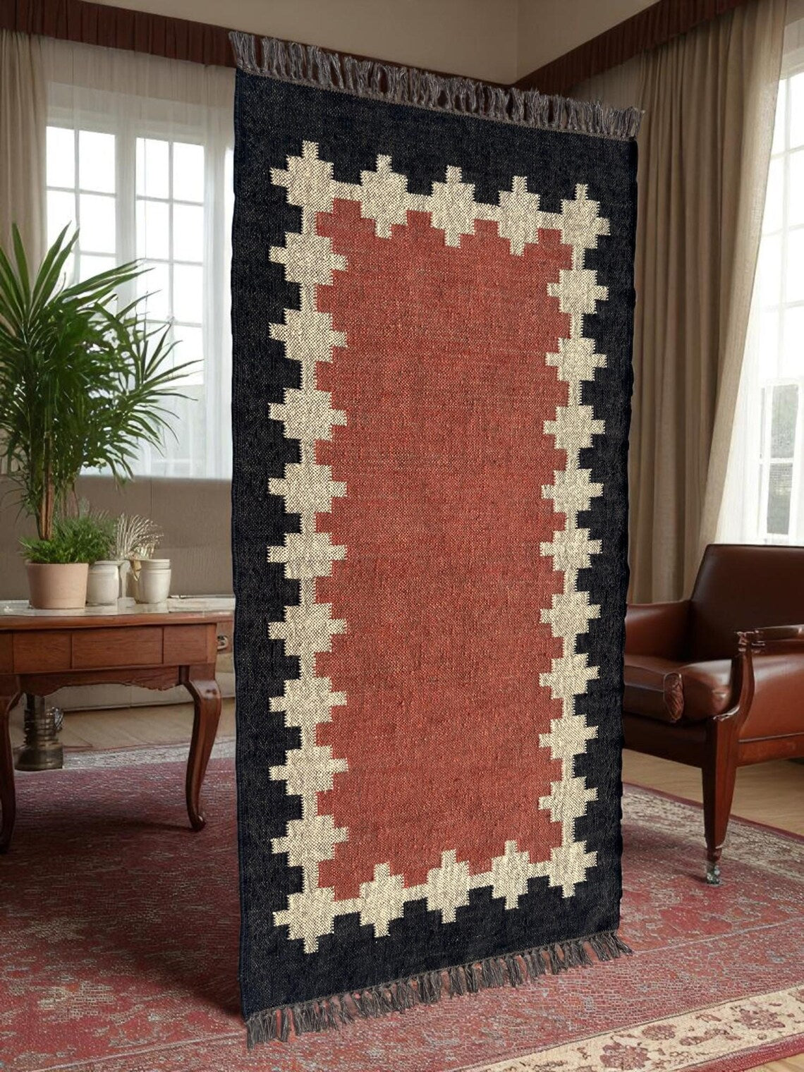 Handwoven Wool Jute Kilim Runner Traditional Geometric Dhurrie