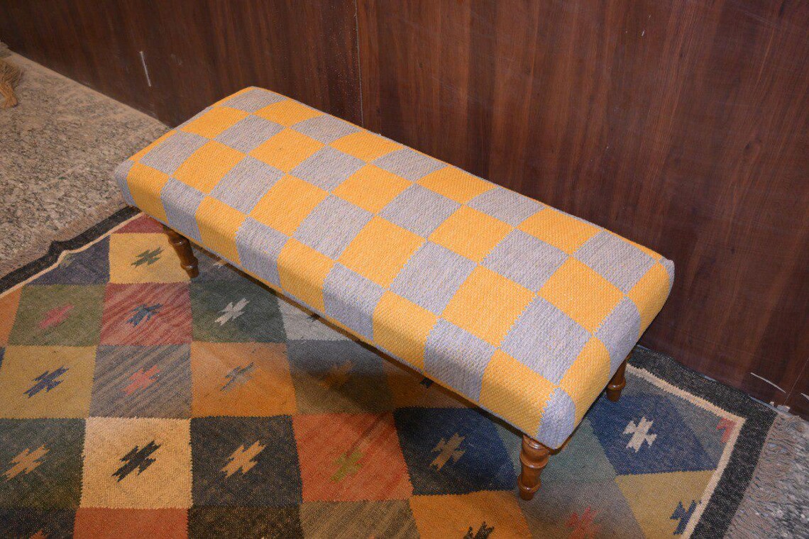 Bench Kilim Handmade – Wool & Jute Rug Upholstered Entryway Ottoman