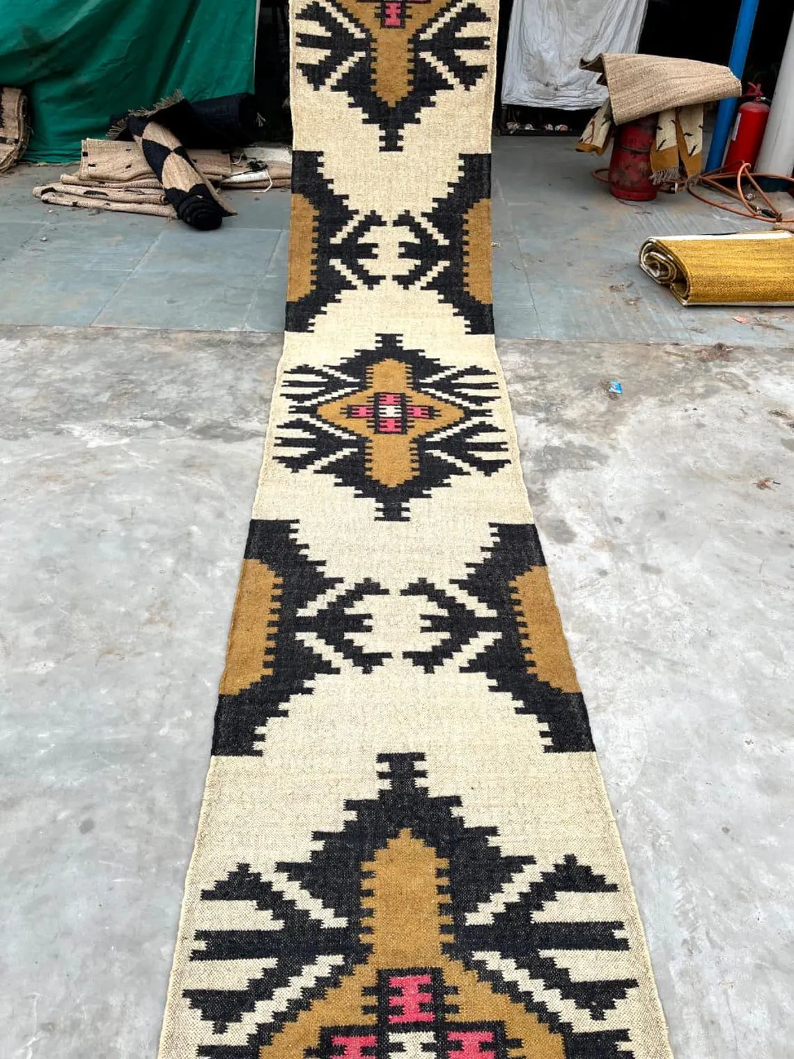 Handwoven Wool Jute Kilim Runner Rug with Traditional Geometric Motifs