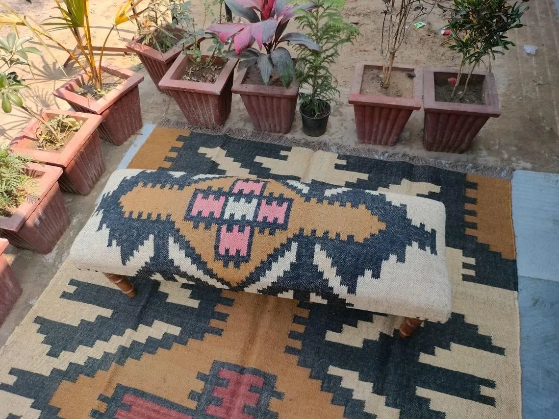 Handmade Kilim Bench – Wool Jute Ottoman & Home Décor Seating