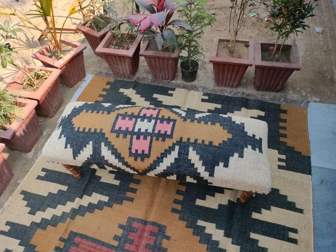 Handmade Kilim Bench – Wool Jute Ottoman & Home Décor Seating