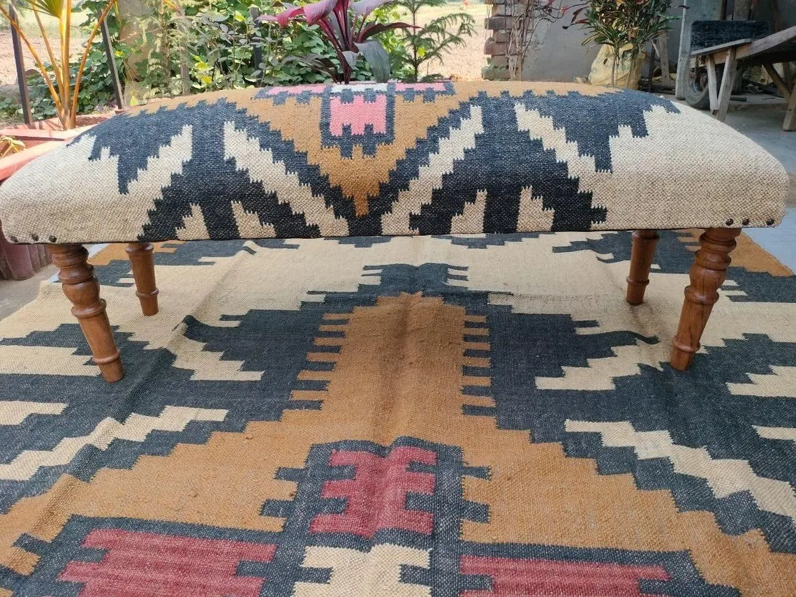 Handmade Kilim Bench – Wool Jute Ottoman & Home Décor Seating