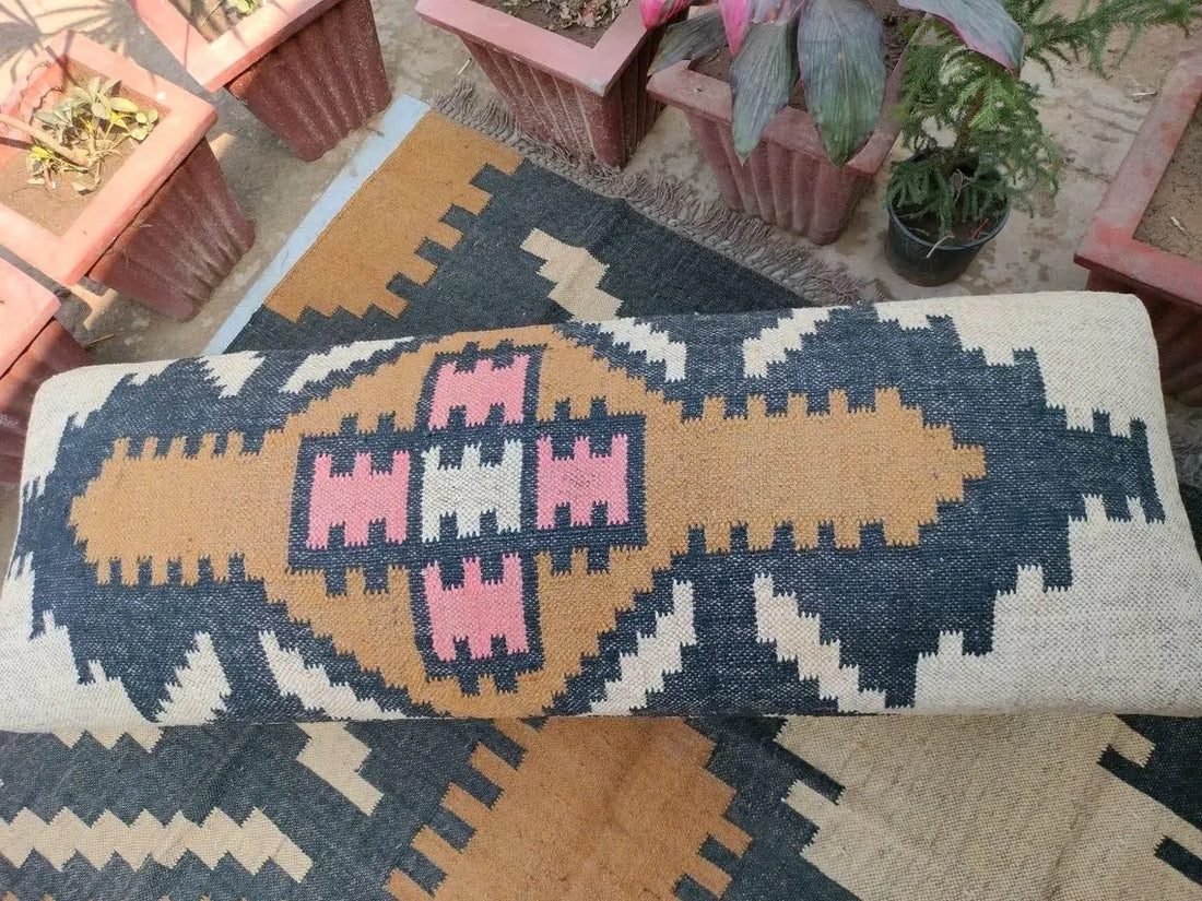 Handmade Kilim Bench – Wool Jute Ottoman & Home Décor Seating