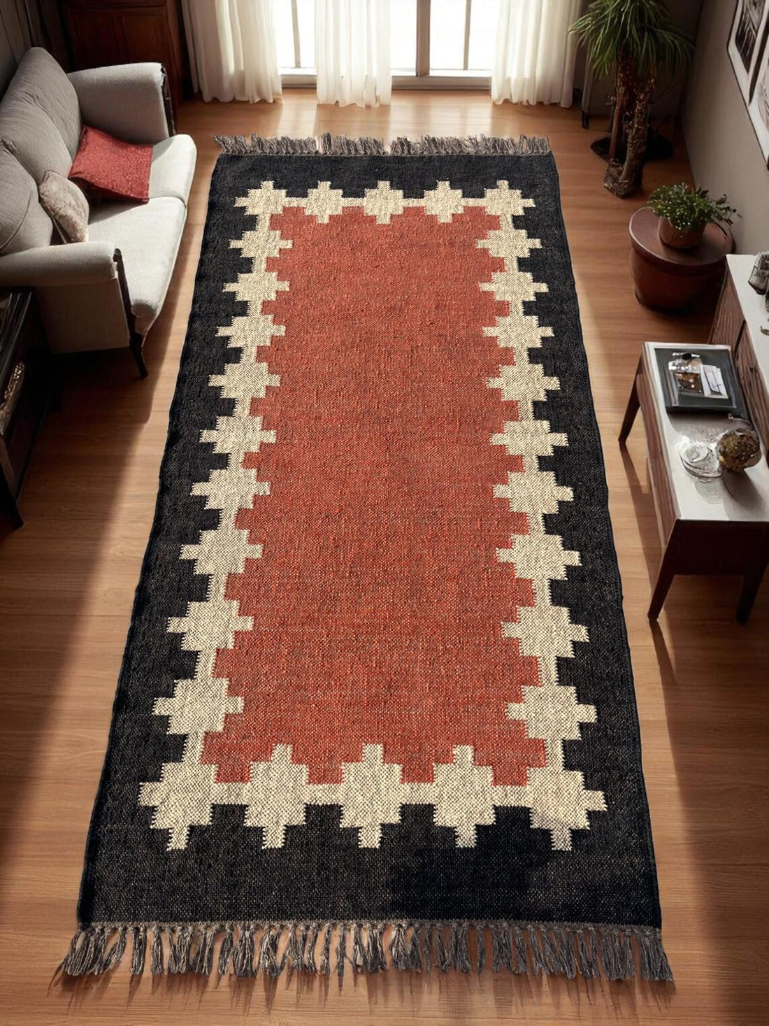 Handwoven Wool Jute Kilim Runner Traditional Geometric Dhurrie