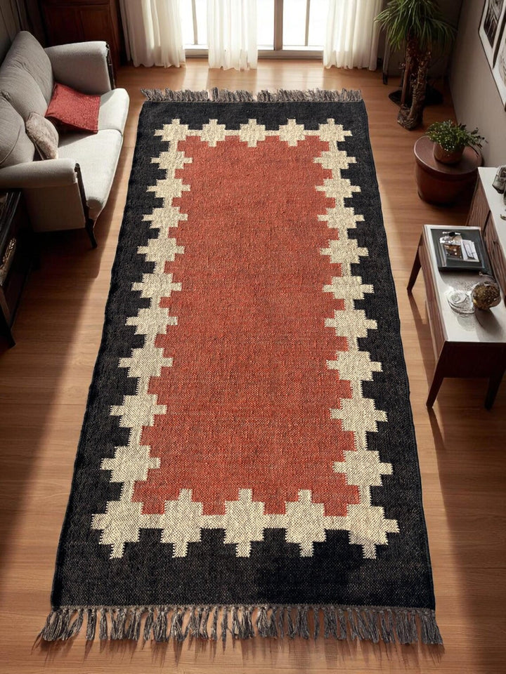 Handwoven Wool Jute Kilim Runner Traditional Geometric Dhurrie