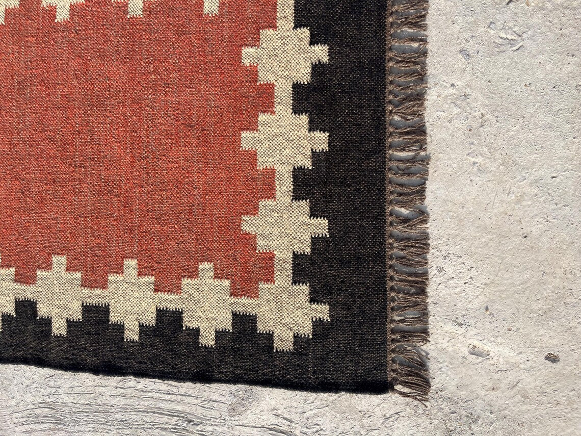 Handwoven Wool Jute Kilim Runner Traditional Geometric Dhurrie