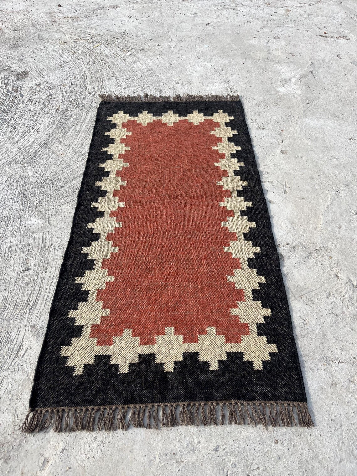 Kilim Rug Runner Green Black Wool & Jute Dhurrie Rug Oriental Geometric Traditional