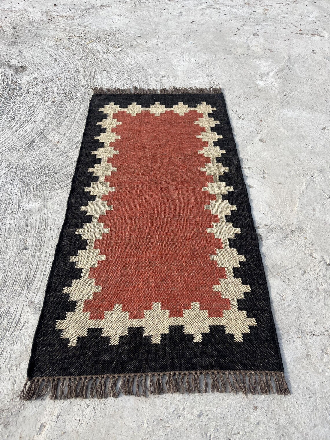 Kilim Rug Runner Green Black Wool & Jute Dhurrie Rug Oriental Geometric Traditional